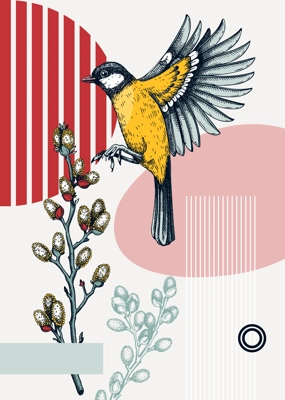 Collage-style bird card. Sketched great tit trendy poster. Creative designs with bird sketch, botanical illustrations, geometric shapes, and abstract elements for nature print, wall art, packaging.